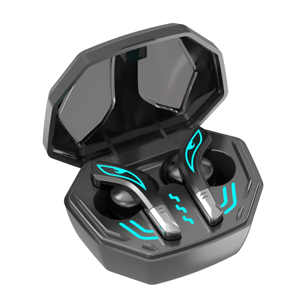 Black wireless in-ear Bluetooth headphones with charging case, showing low-latency gaming connectivity