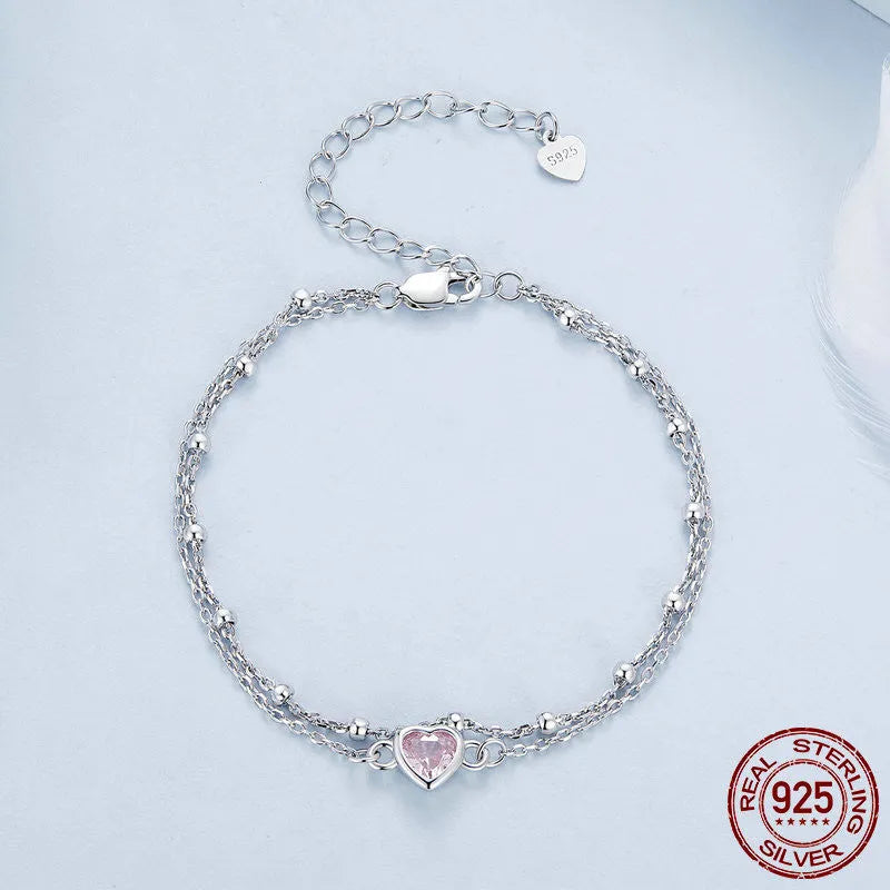 BSB152 coloured 925 Sterling Silver bracelet with heart-shaped pendant for women.