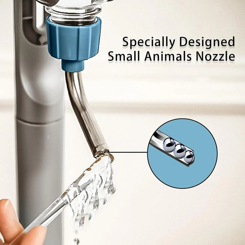 Blue pet water bottle with rotatable nozzle mounted on small animal cage