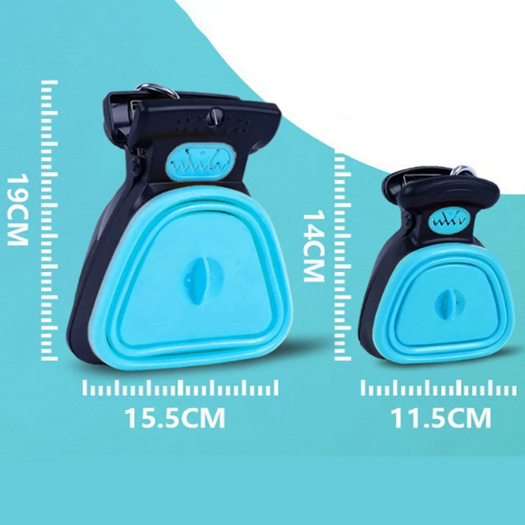 Blue portable handheld dog pooper scooper with carabiner clip and bag dispenser, shown next to size dimensions.