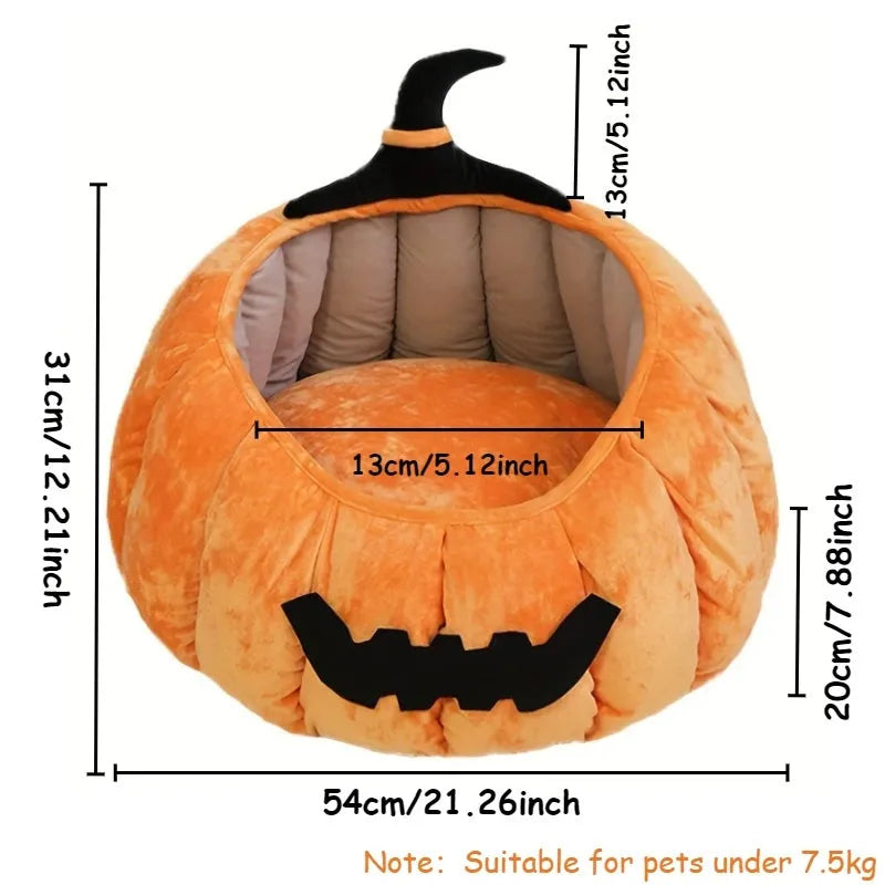 Halloween pumpkin devil design plush cat bed for cats and small dogs in orange colour