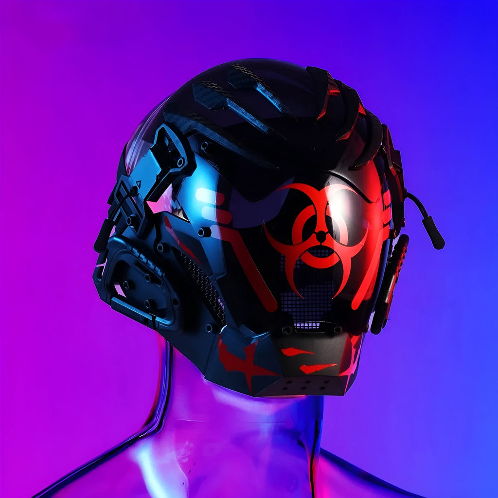 Black full face bioweapon themed prop helmet for cyberpunk cosplay.