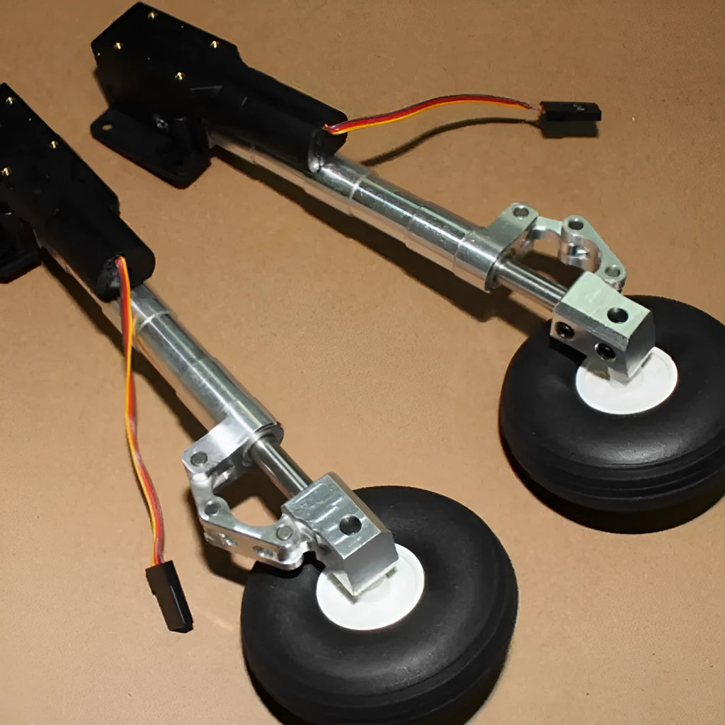 Alloy retractable shock-absorbing landing gear for RC aircraft with large wheels.