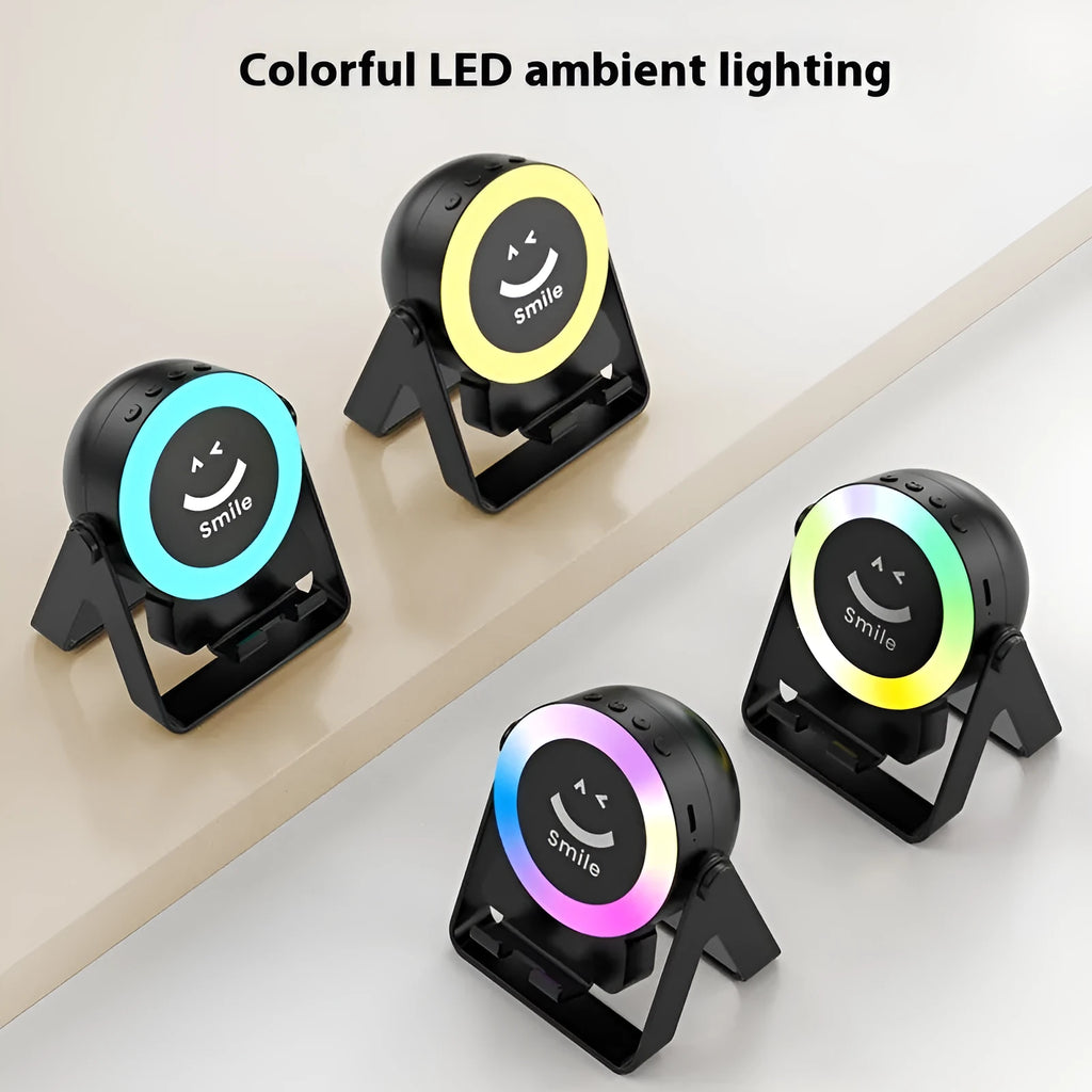 Black wall-mounted Bluetooth speaker with colourful LED lights on magnetic induction bracket