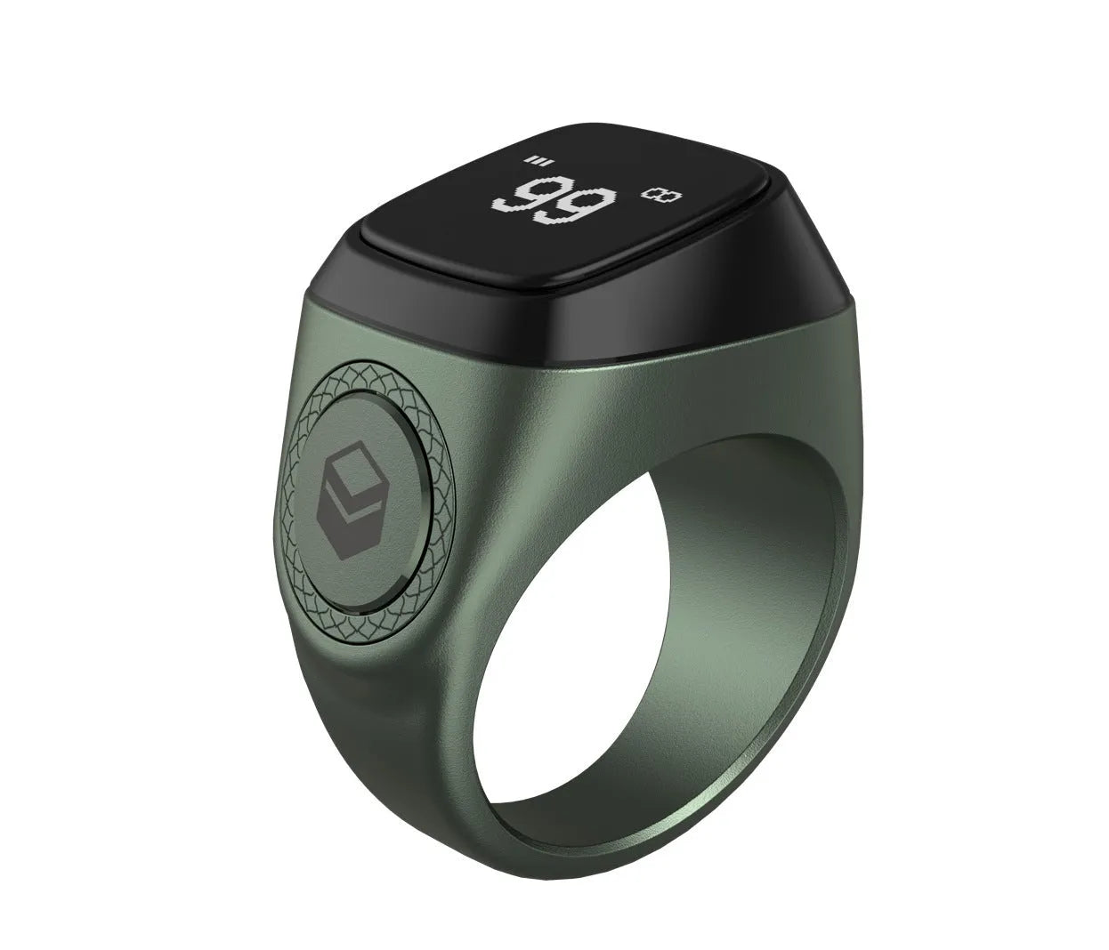 Zikr1 Lite smart ring in silver on a charging case, showing its OLED display and single button.