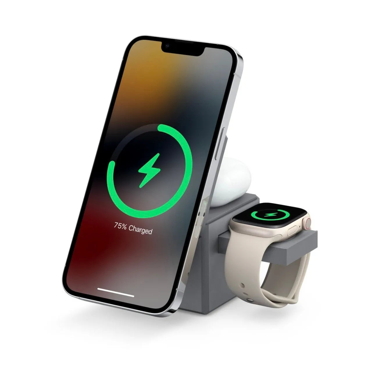 Foldable magnetic wireless charger showing compact size and Type-C port, suitable for iPhone, Apple Watch and AirPods.