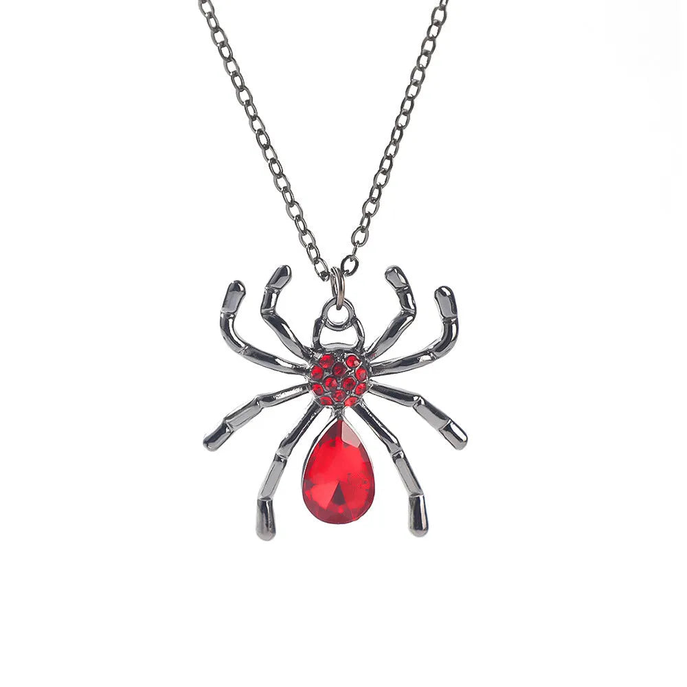Halloween necklace with zinc alloy spider bat pendant on a chain, showing electroplated dark-themed design.
