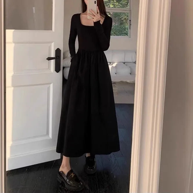 Women's black square collar knitted dress with elastic waist A-line silhouette long sleeves