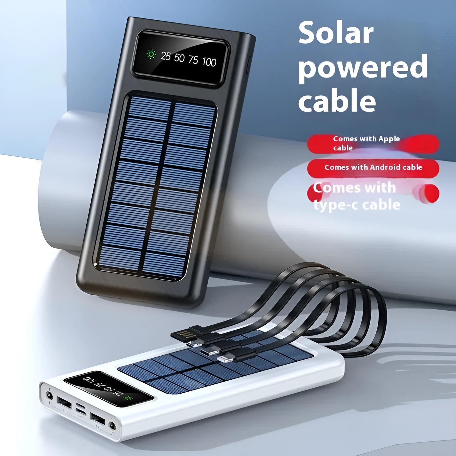 Black and white solar power bank with 20000 mAh capacity and charging cables