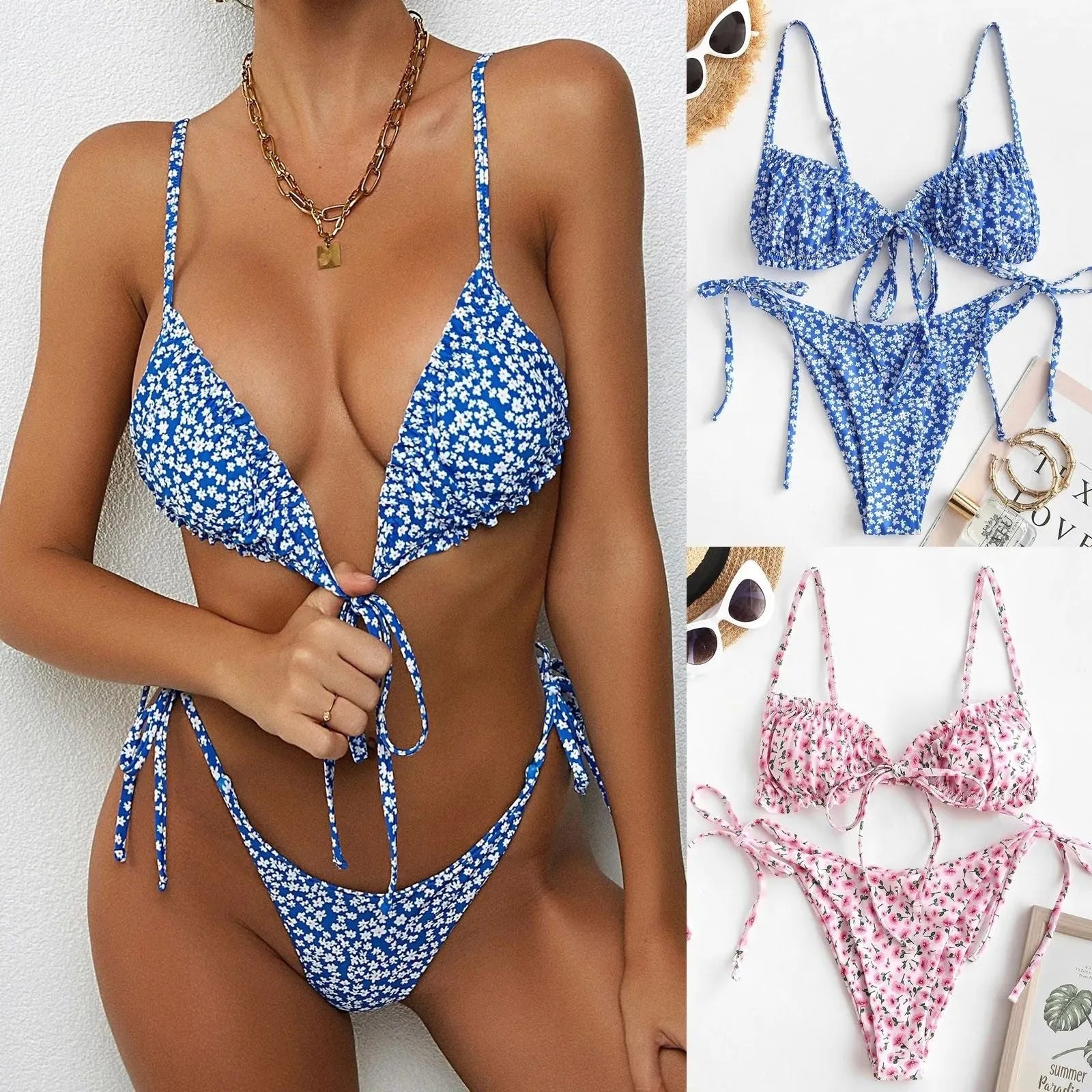 Blue printed multi-rope banded bikini swimsuit with short sleeves and lapel collar