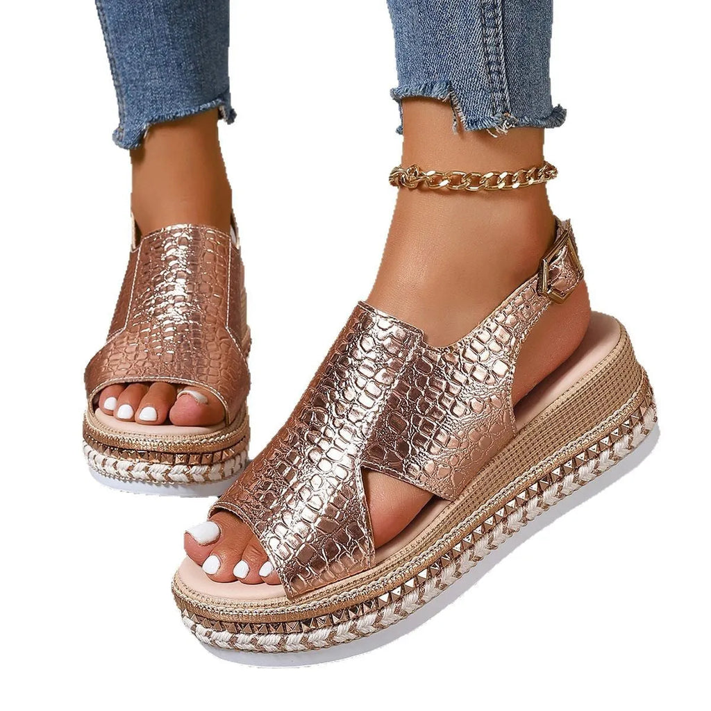 Gold Roman sandals with round toe, hollow-out pattern and adjustable ankle buckle