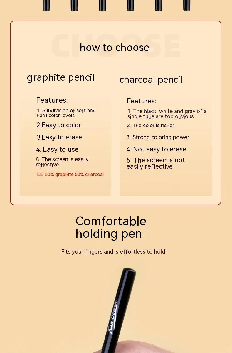 Set of six wood-free graphite sketching pencils with grades HB 2B 4B 6B 8B EE for art.