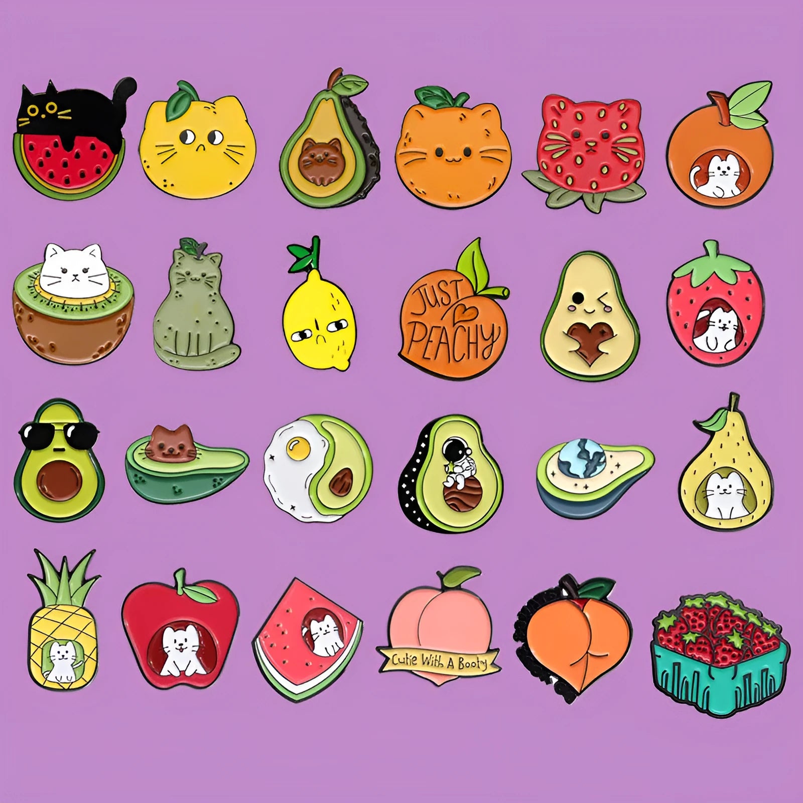 Colourful cartoon fruit and letter design metal brooch pin on a white background.