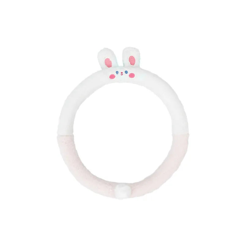 Plush cartoon embroidered steering wheel cover for cars in winter, shown fitting a 38cm wheel.