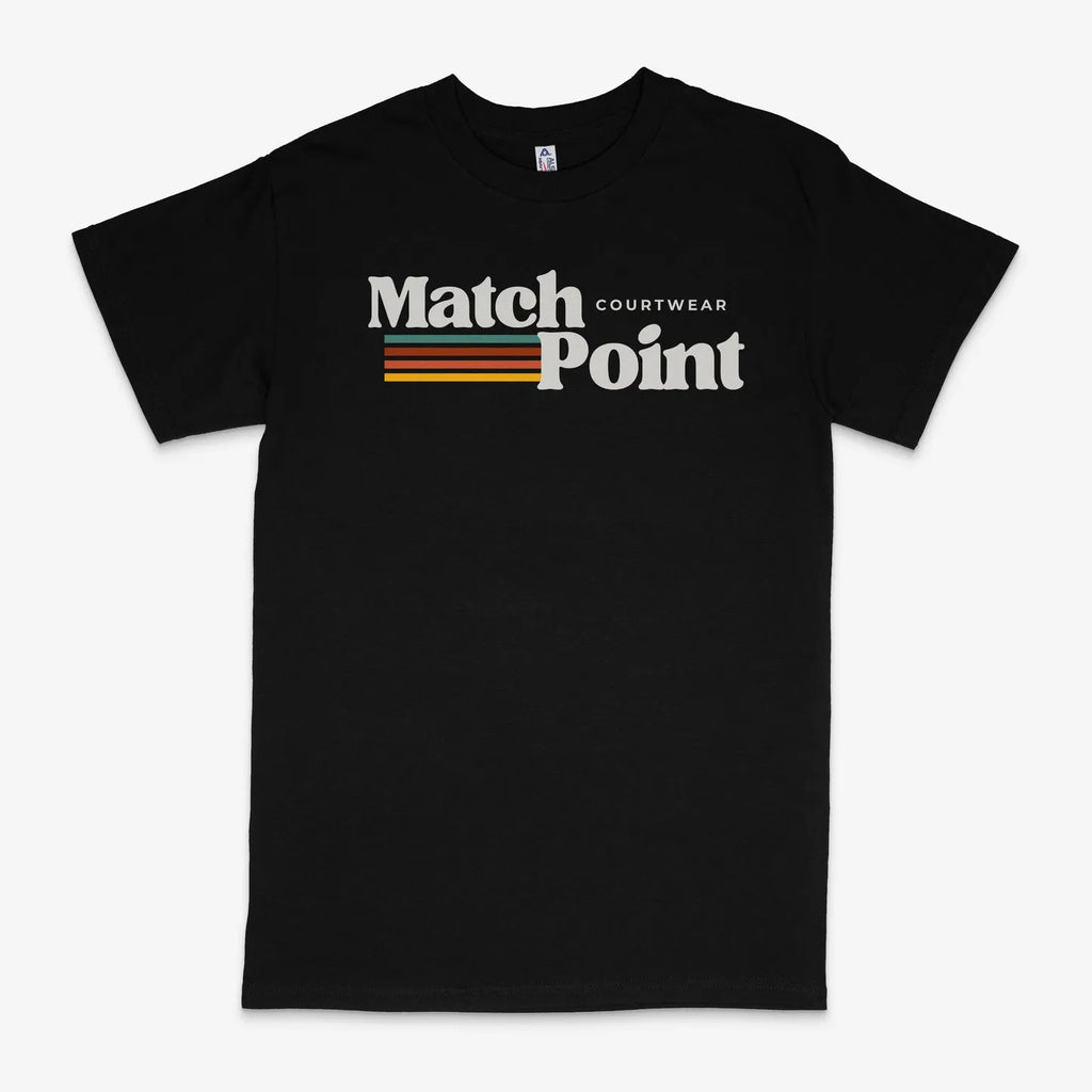 Black men's t-shirt with a white 3D digital printed text pattern on the front.