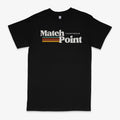 Black men's t-shirt with a white 3D digital printed text pattern on the front.