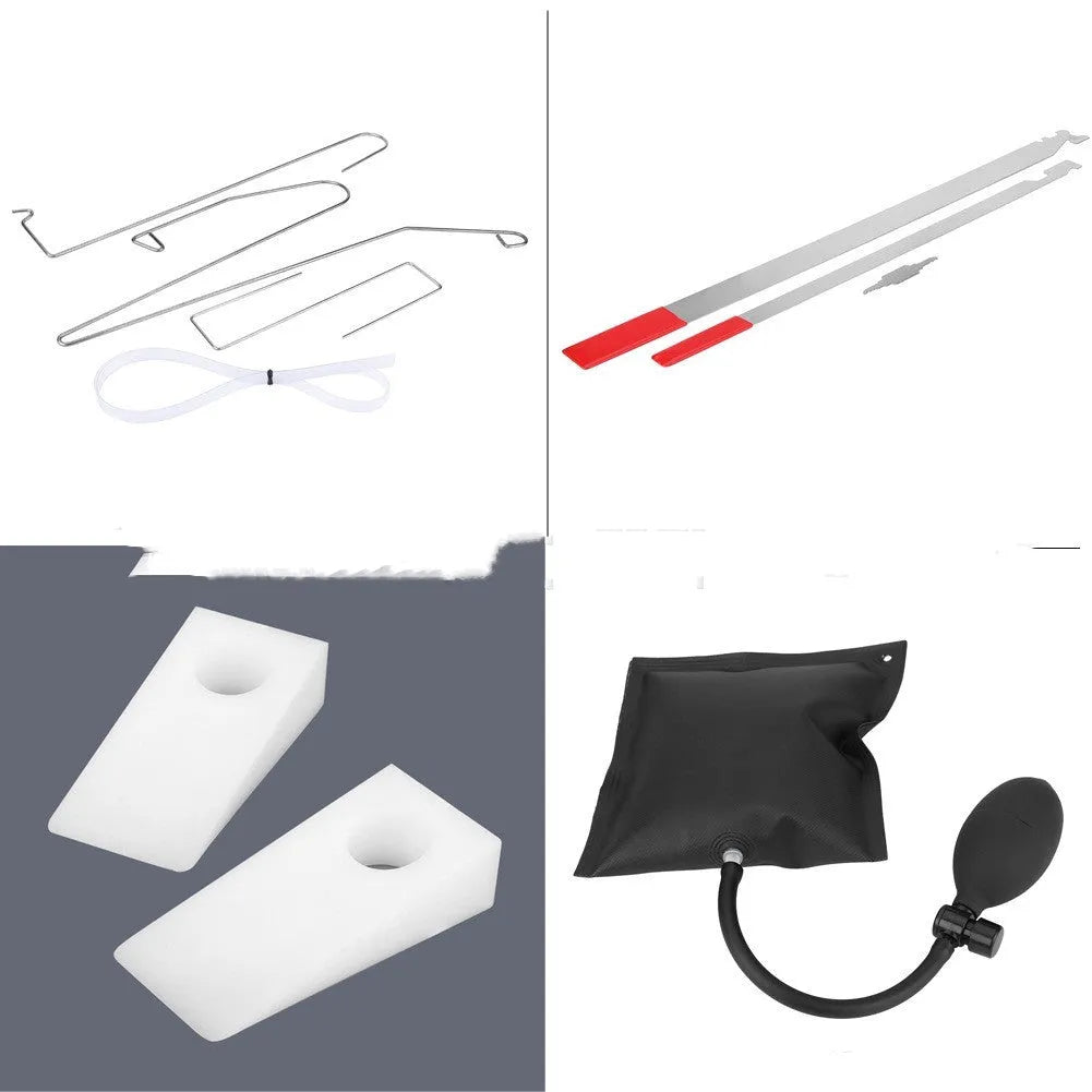 9-piece automotive emergency tool set with air pump wedge, plastic wedges, metal hooks, and crowbars