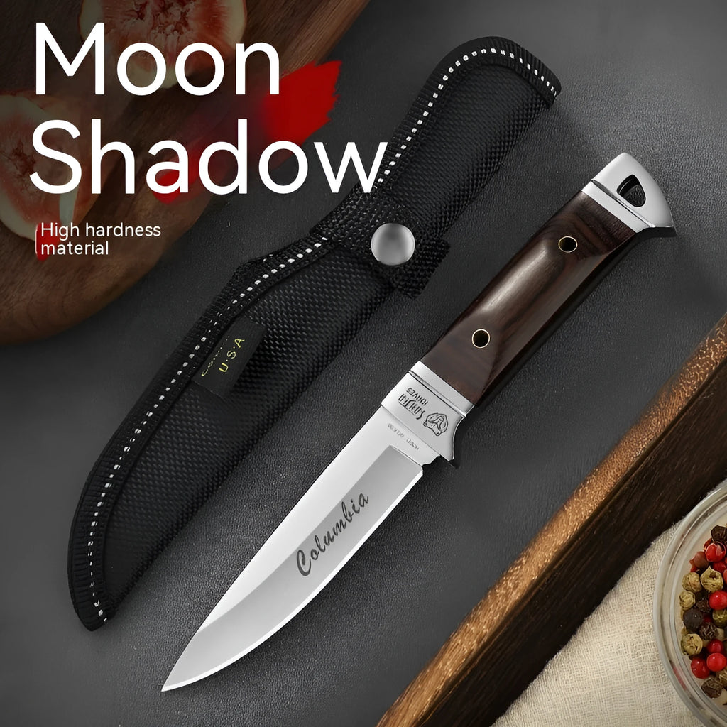 Camping multifunctional fruit knife with stainless steel blade and leather case in national style design
