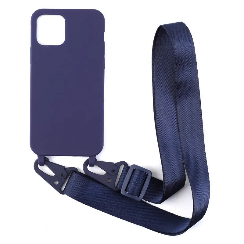 Black TPU buckle ribbon lanyard phone case protective sleeve with lanyard and opening for camera.