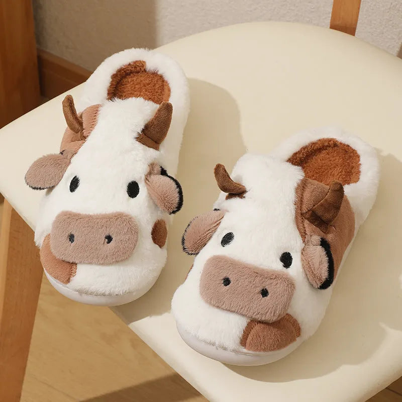 Women's white cow print faux fur slippers with anti-slip textured soles