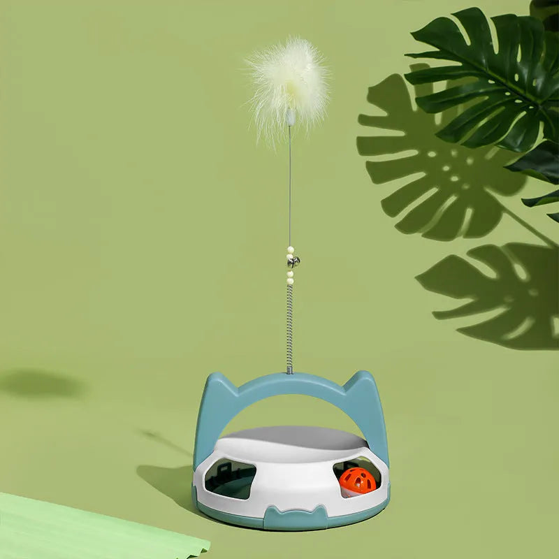 Bite-resistant cat wand toy with spinning coloured balls on nylon cord for interactive play