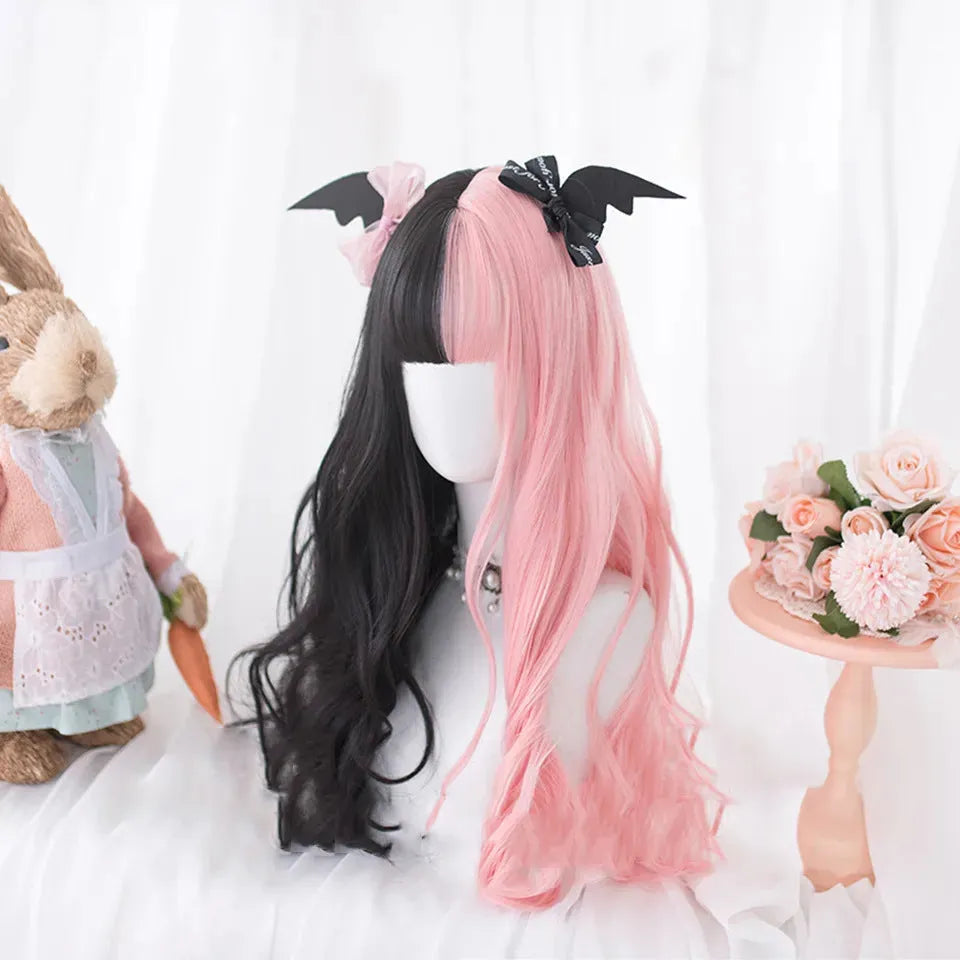 Long curly black and pink synthetic Lolita wig with bangs, styled for Harajuku cosplay.