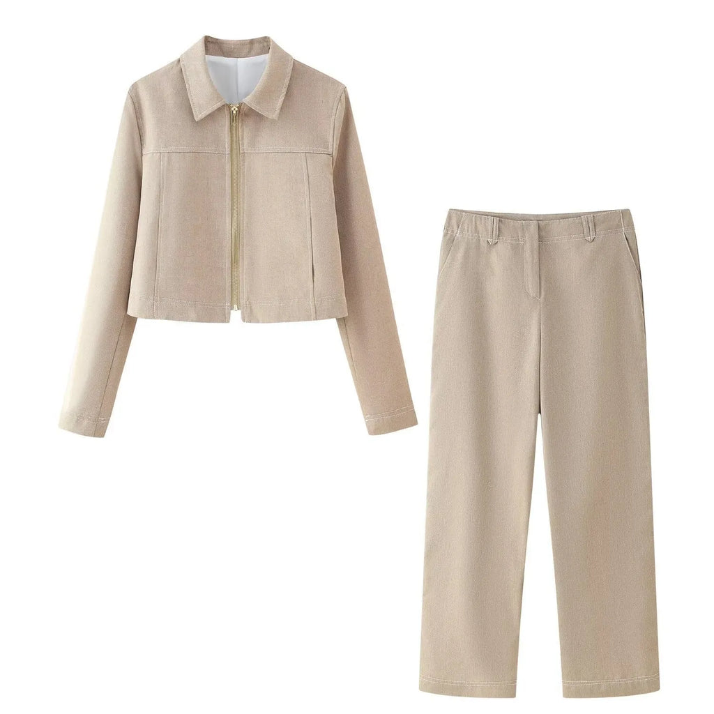 Women's herringbone pattern casual suit set with 3D textured jacket and straight-leg trousers
