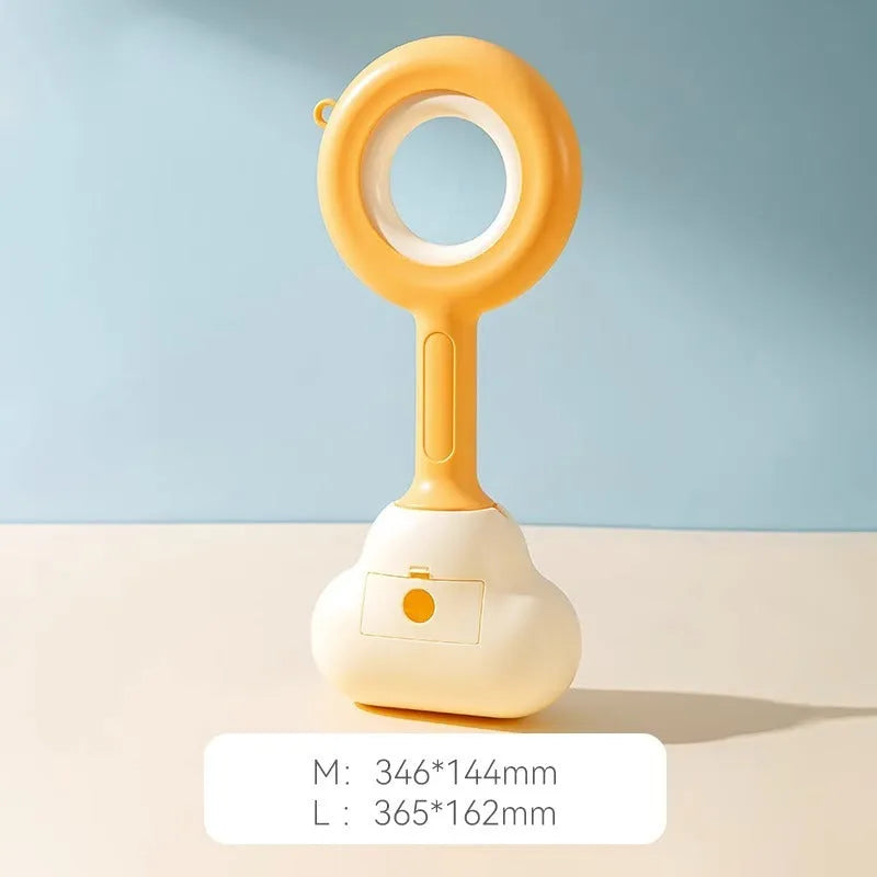Blue and yellow ABS plastic dog pooper scooper with a cloud-shaped jaw on a white background.