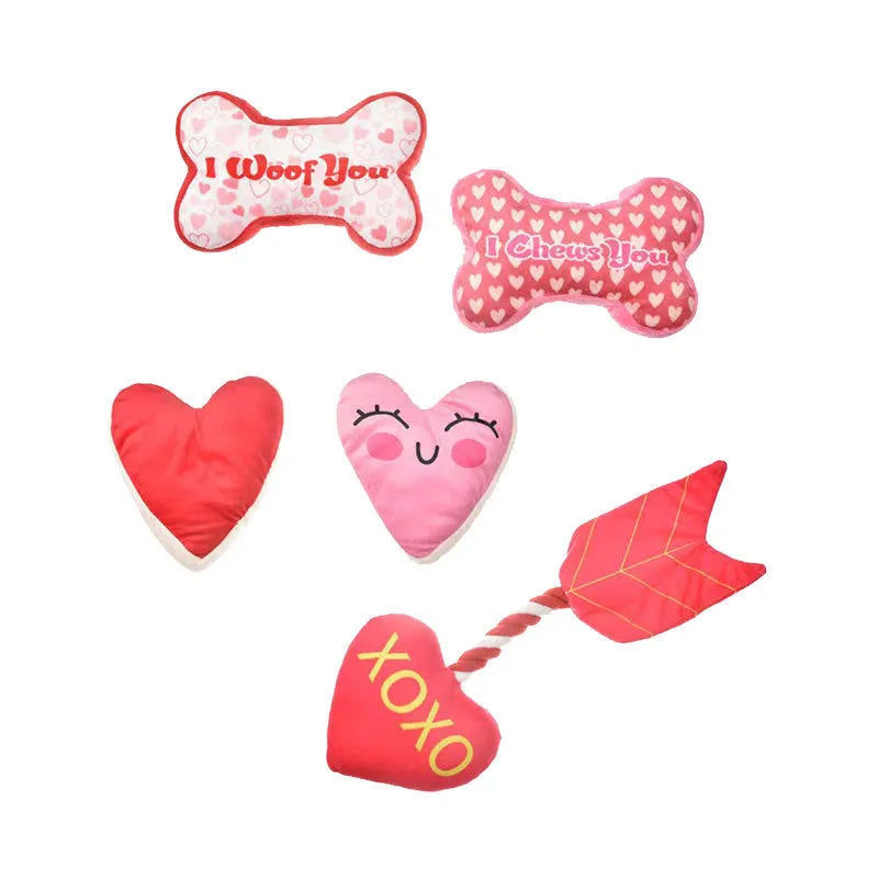 Bite-resistant PP plush dog chew toy for tooth cleaning, in bone powder, white, pink, or red.