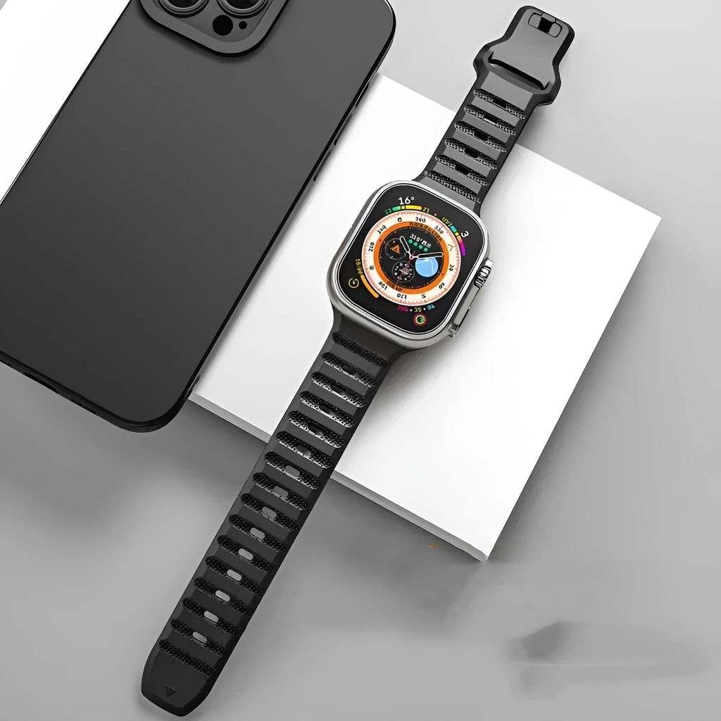 Ultra Fluoro Rubber watch strap for Apple Watch in multiple colours on a grey background.