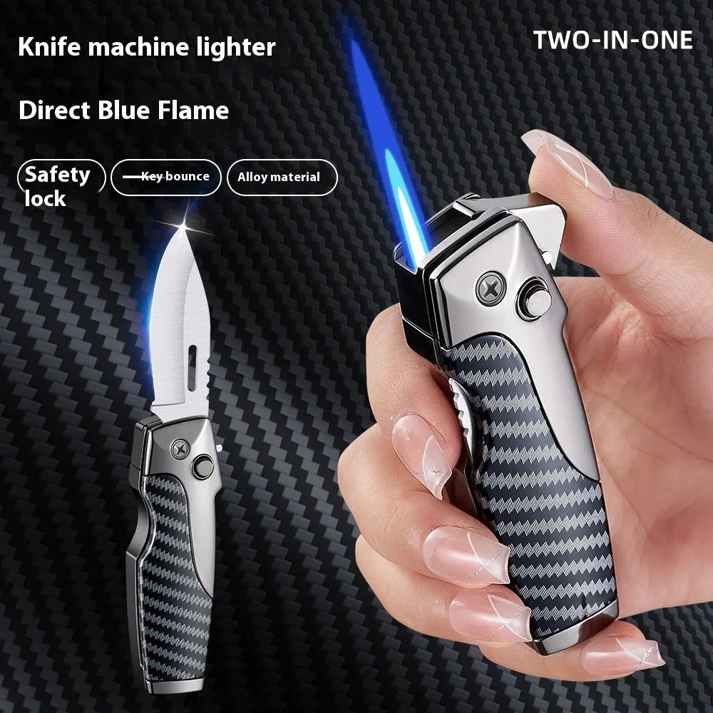 Metal folding lighter showing folded position and unfolded straight jet flame