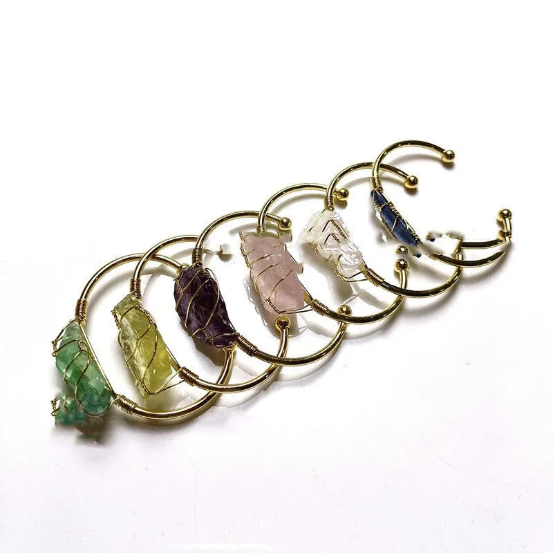 Natural crystal rough stone bracelet with gold winding geometric design and colour mixing variation