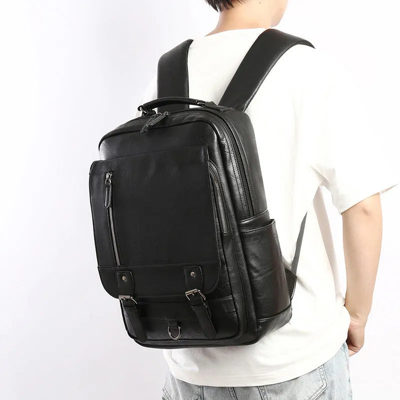 Men's casual business backpack in PU leather, solid colour, black - urban simplicity style for travel