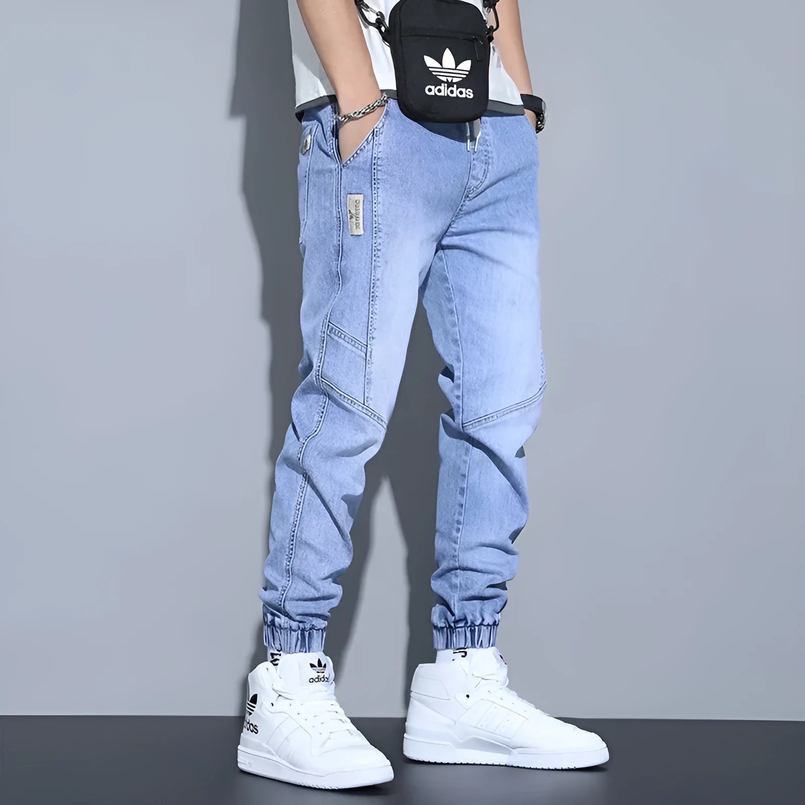 Men's slim fit ankle-tied harem jeans in blue, black, and gray – straight-leg cotton denim trousers