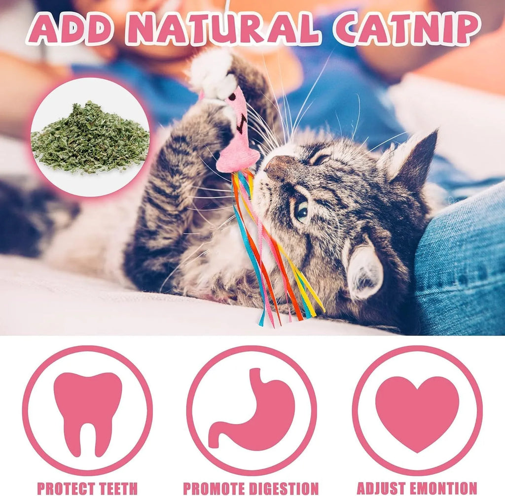 Colourful cat wand toy with ribbons, bell, and catnip fish on a wooden handle