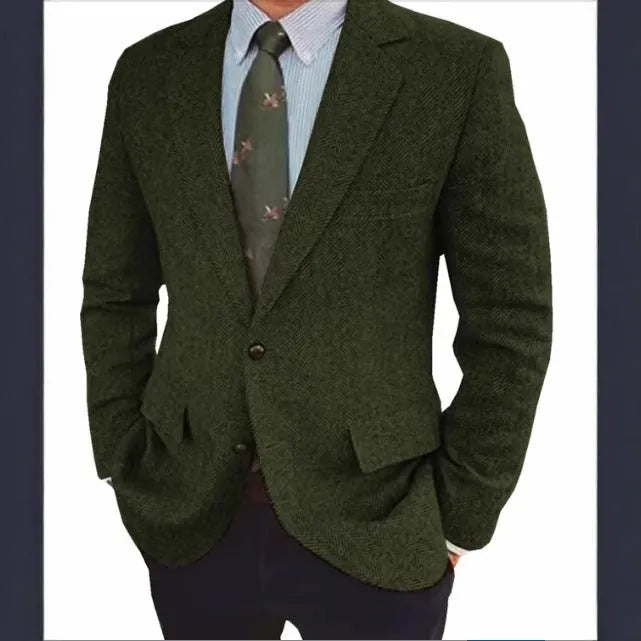 Men's brown herringbone suit jacket with long sleeves and a notch lapel