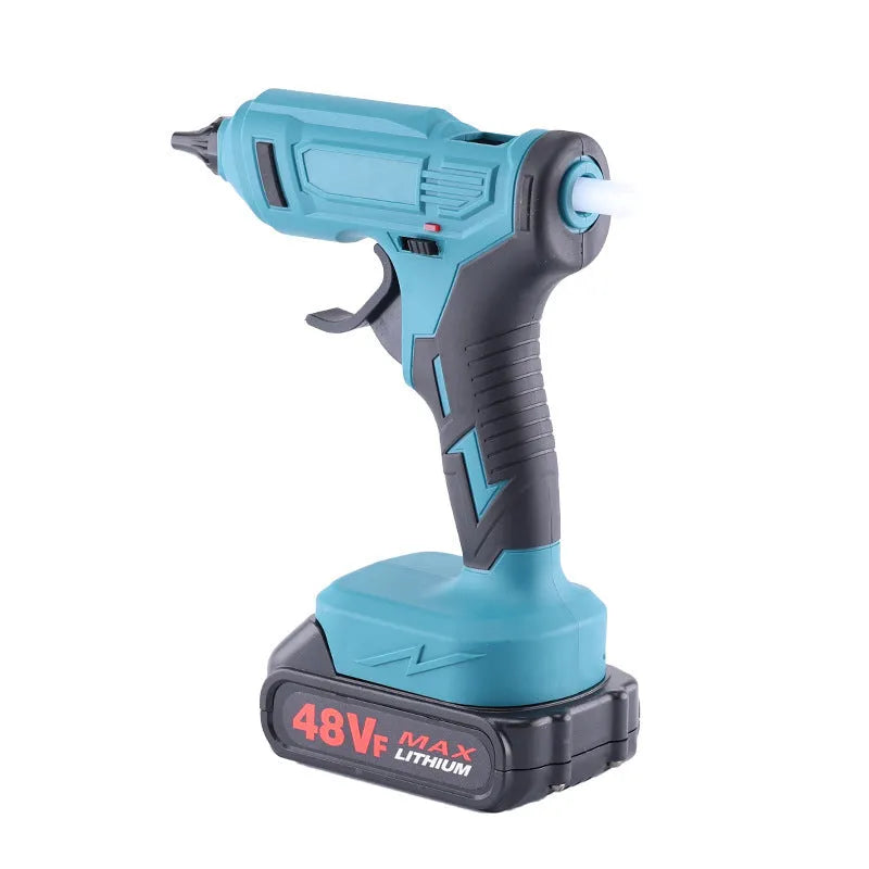 21V rechargeable lithium hot melt glue gun with bare metal finish and 11mm glue sticks
