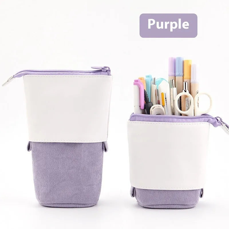 Korean-style telescopic stationery case in corduroy fabric showing expandable design
