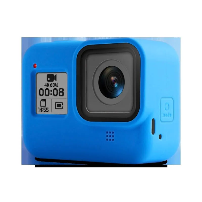 GoPro Hero 8 Black camera with blue silicone protective sleeve and neck lanyard carrying strap