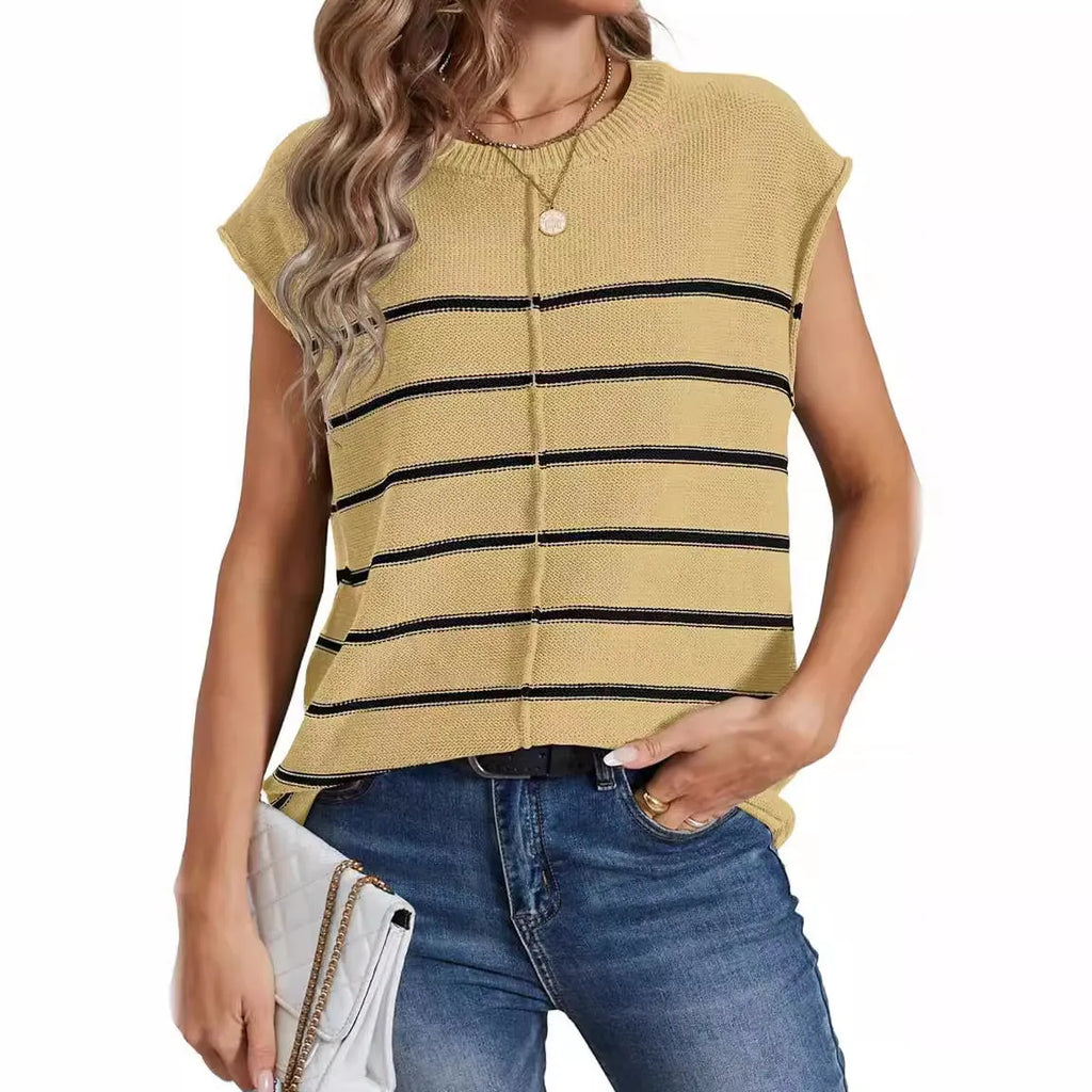 A woman's striped sleeveless pullover vest in acrylic fabric on a hanger, showing bone stitch detailing.