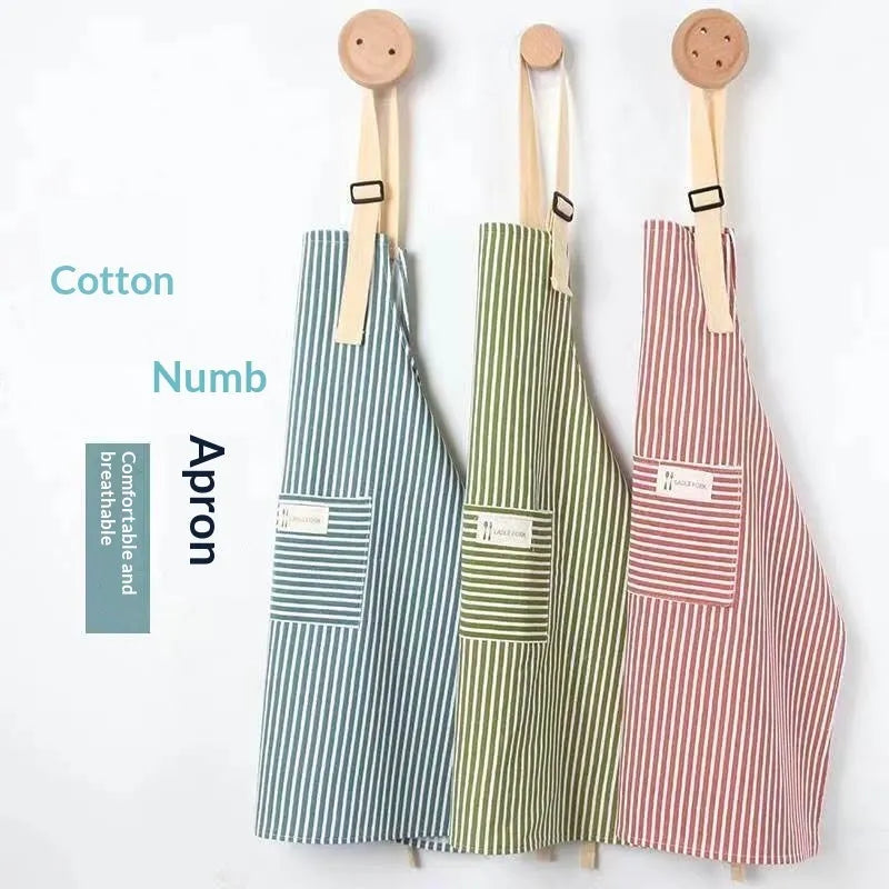 Linen stripe apron in blue, breathable anti-stain kitchen apron for household chores, one size
