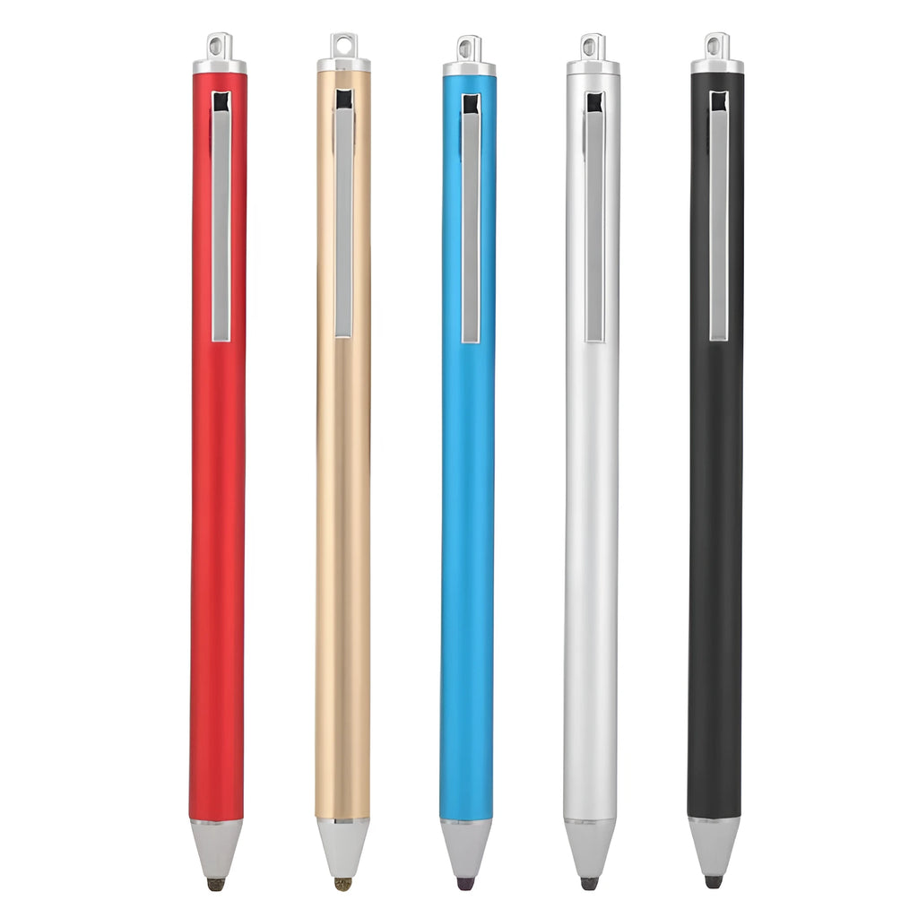 Fine tip metal stylus pen for touch screen phones and tablets, shown in multiple colours.