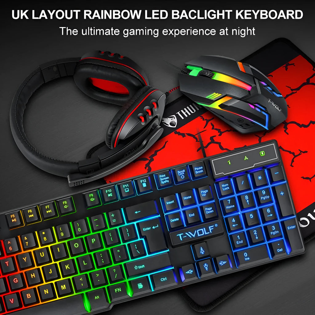 Thunder Wolf T800 four piece wired USB gaming keyboard, mouse, headset, and mouse pad bundle.
