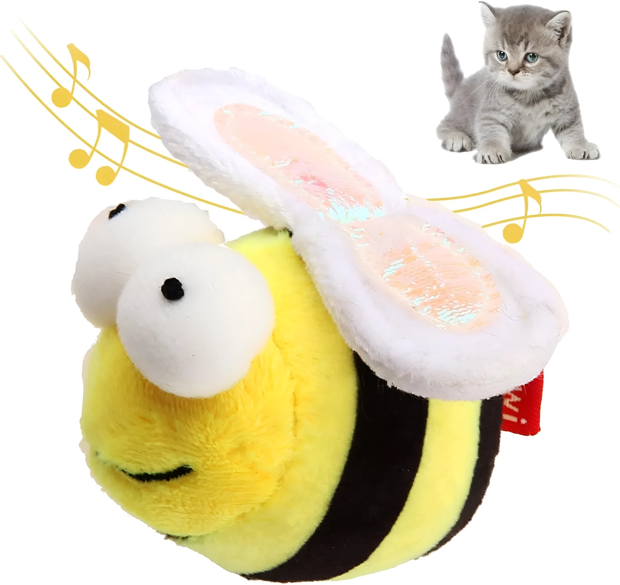 Yellow bee-shaped electronic cat toy with motion-activated squeaking for interactive play