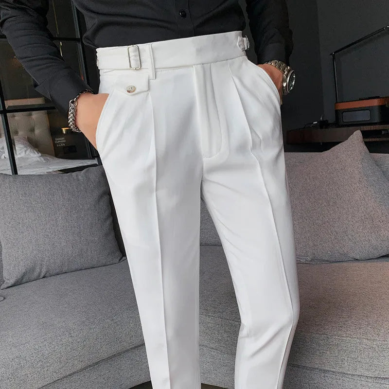 Men's straight-leg casual trousers in polyester, shown in a khaki colour on a neutral background.