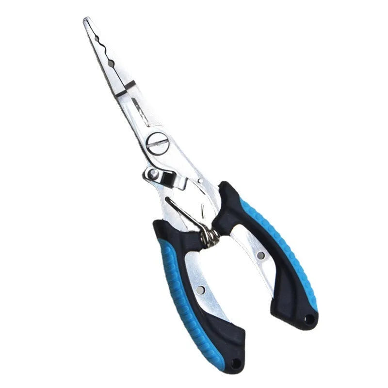 PE39 stainless steel multifunctional fishing pliers with straight mouth, hook, and blue plastic handles.