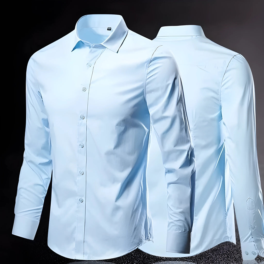 Man wearing a loose-fit linen long-sleeve shirt in a light colour, showcasing the slim trendy style.