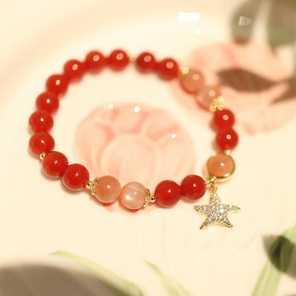 Handmade red agate women's bracelet with 8mm beads, star shape and Xiangyun ethnic patterns