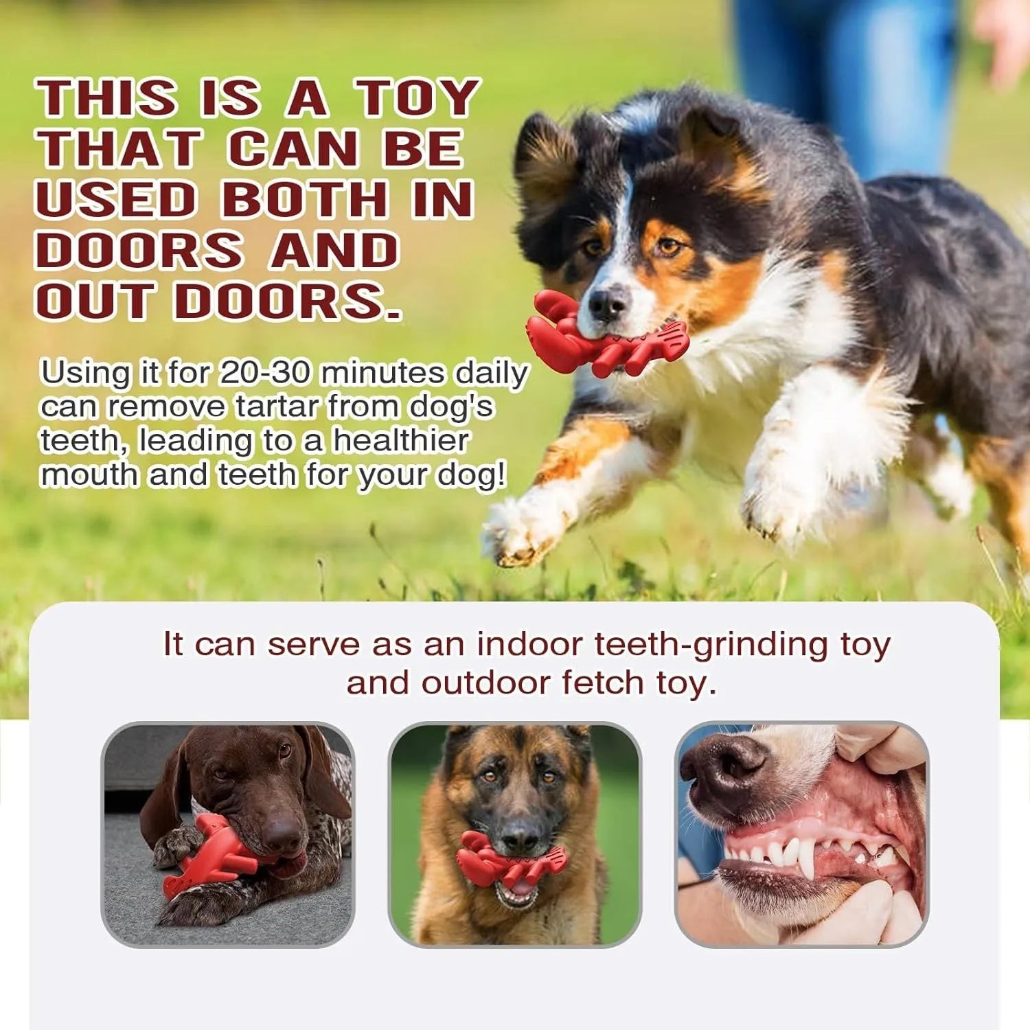 Red hard-material dog chew toy for large aggressive chewers, shown with size scale.