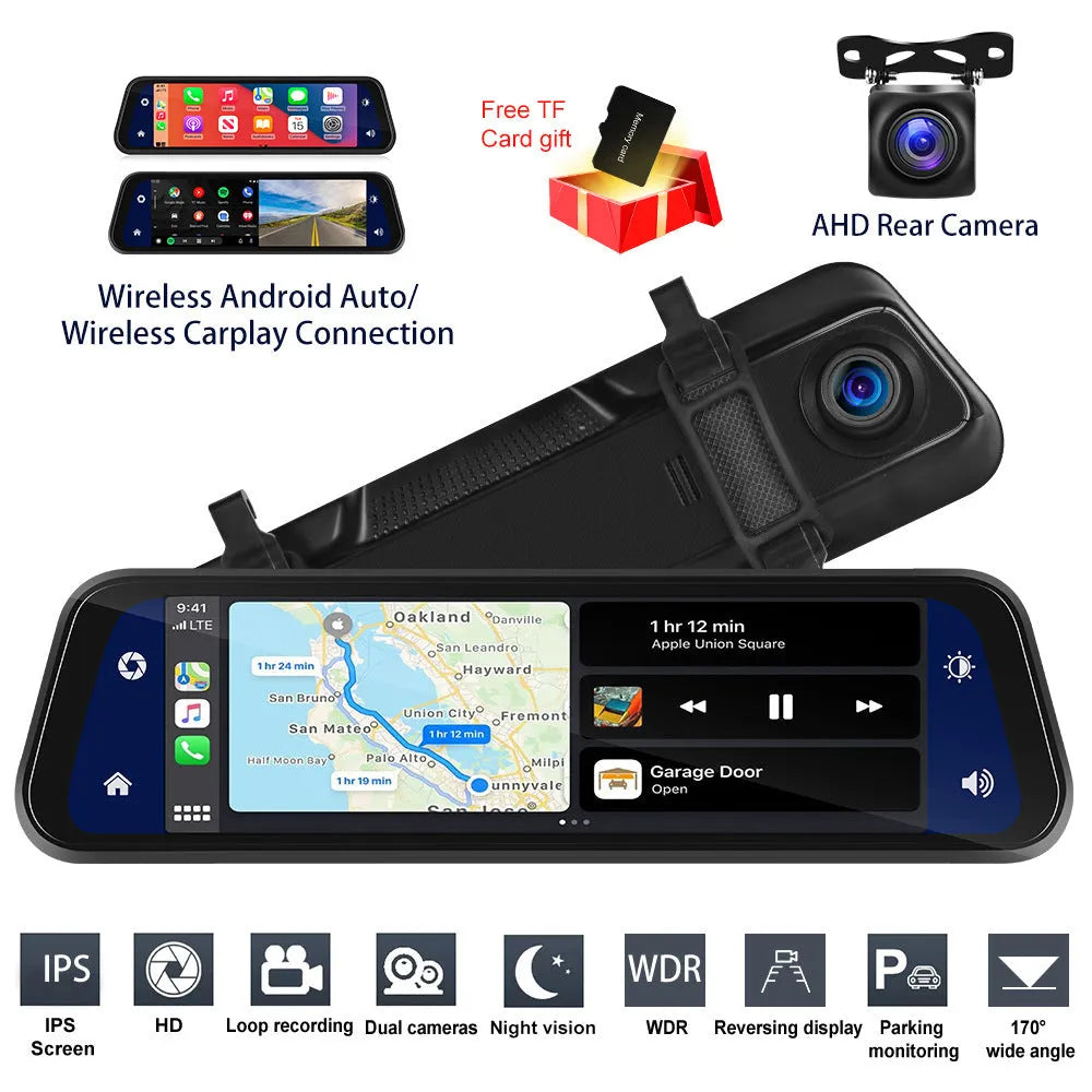 9.66-inch HD in-mirror car dash cam display with front camera and waterproof rear view camera on brackets.